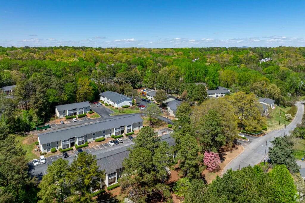 drone view of premier apartments austell